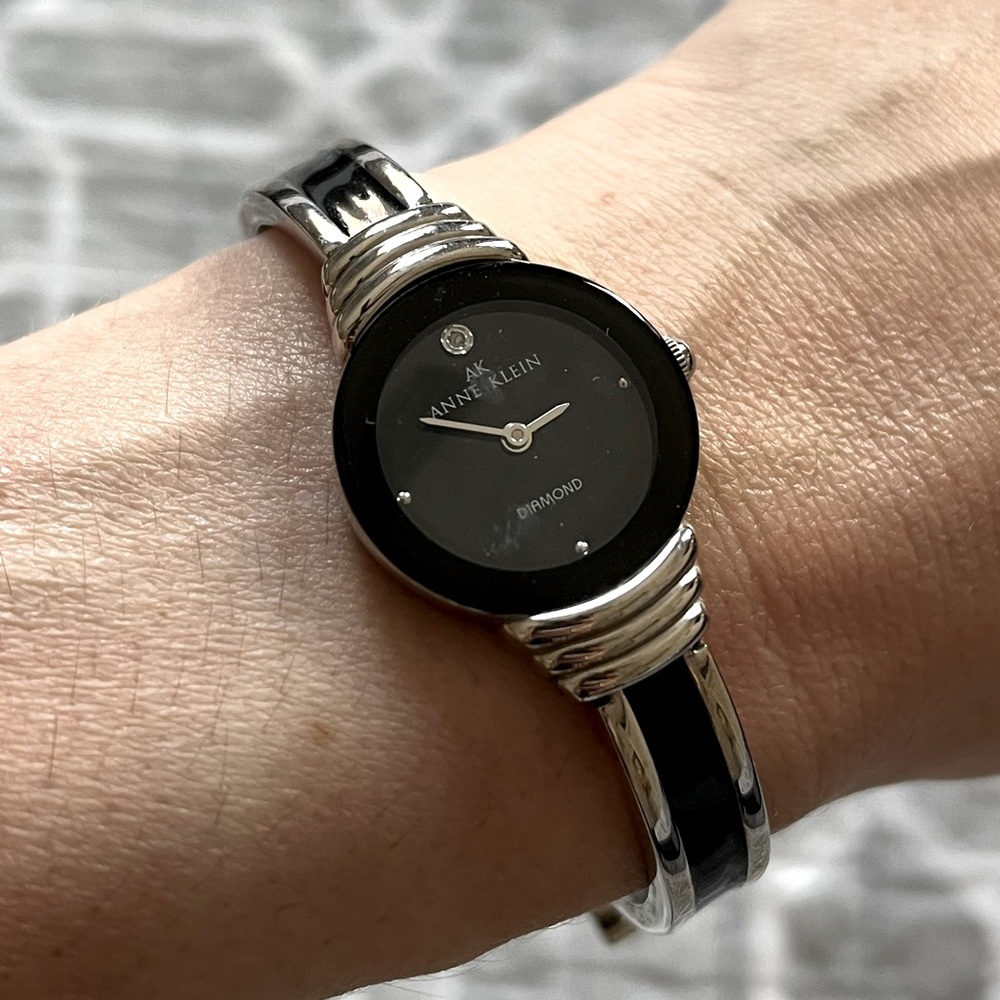 Anne Klein black and silver watch with diamond accent